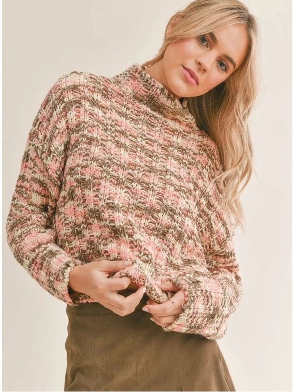 Sadie & Sage Pink and Cream Mock Neck Chunky Knit Sweater M